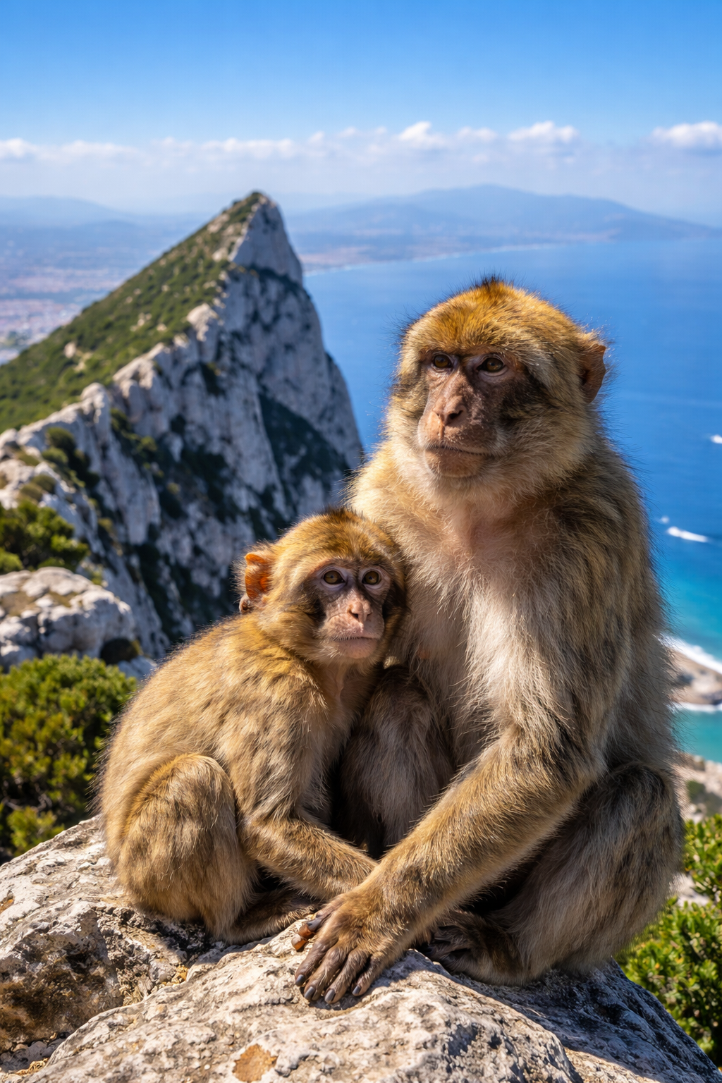 Barbary macaque monkeys sitting on Gibraltar Rock viewpoint