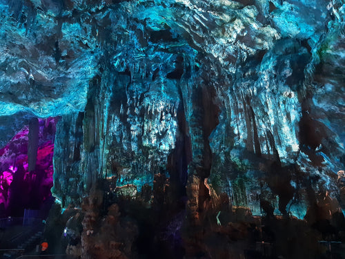 St Michael's Cave illuminated stalactites and stalagmites Gibraltar
